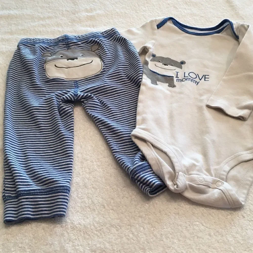 Carter’s 12 month boys set 2 onesies 1 pants blue